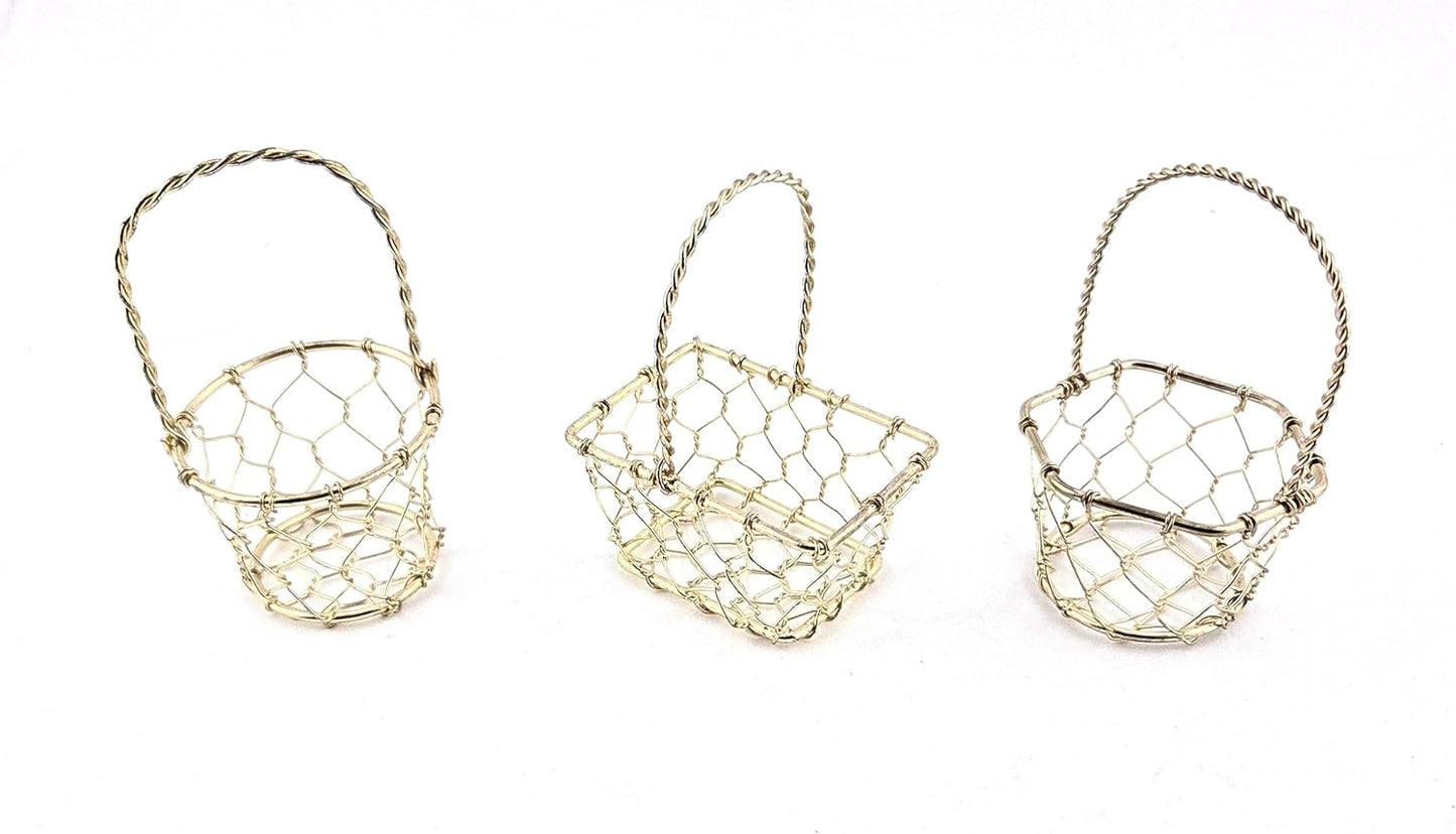 Party Favors Plus Gold Tone Miniature Wire Basket Hexagon Round Rectangular 3.25 Inch 3 Piece Set