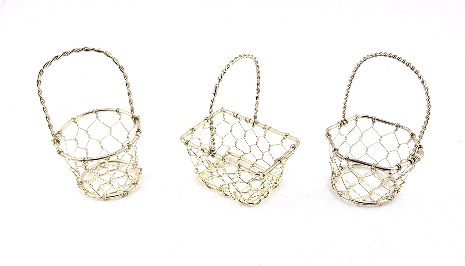 Party Favors Plus Gold Tone Miniature Wire Basket Hexagon Round Rectangular 3.25 Inch 3 Piece Set