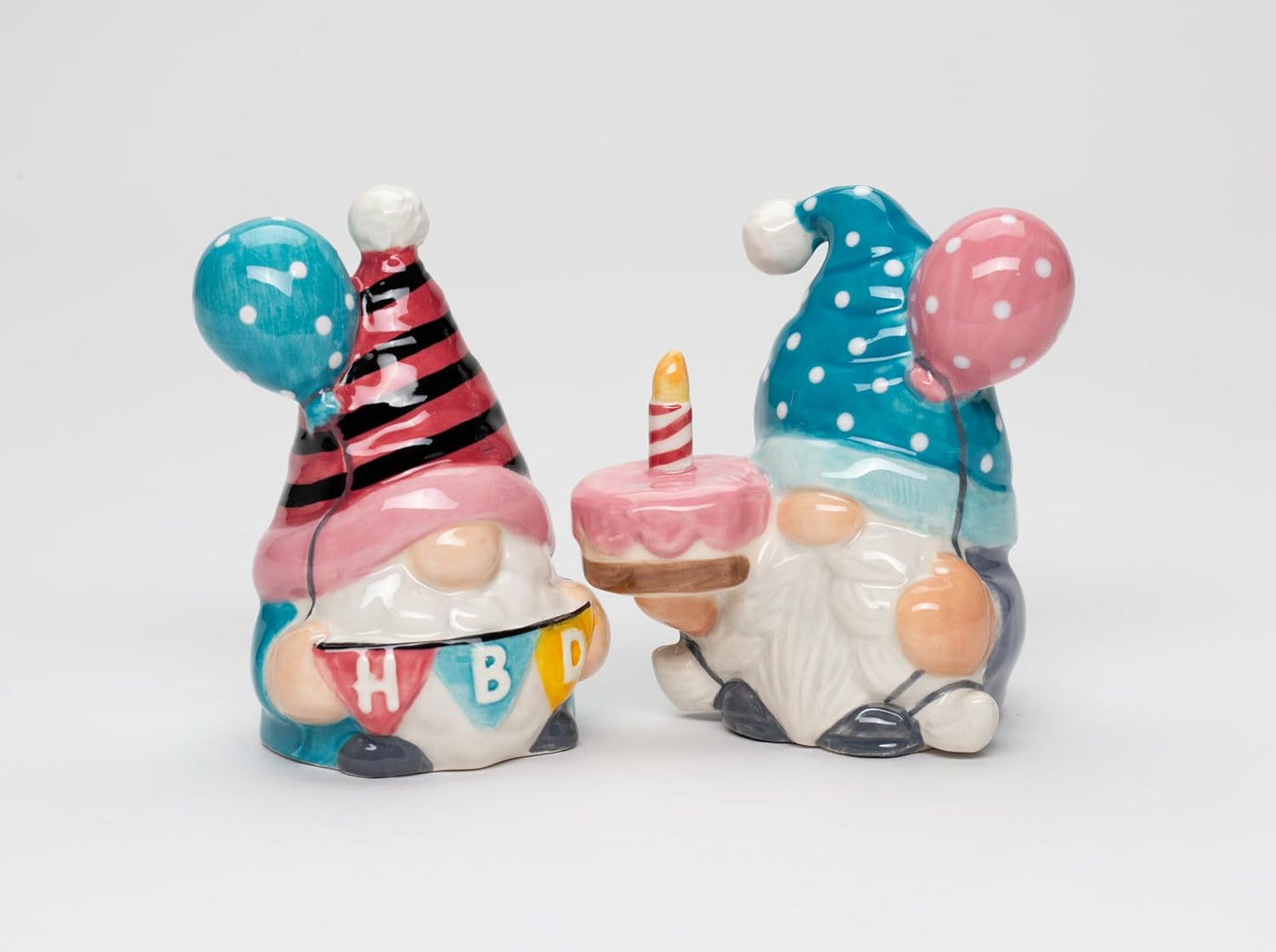 Cosmos Gifts Fine Ceramic Happy Birthday Gnome Couple Salt and Pepper Shakers Set 3-5/8" H Pink Blue White