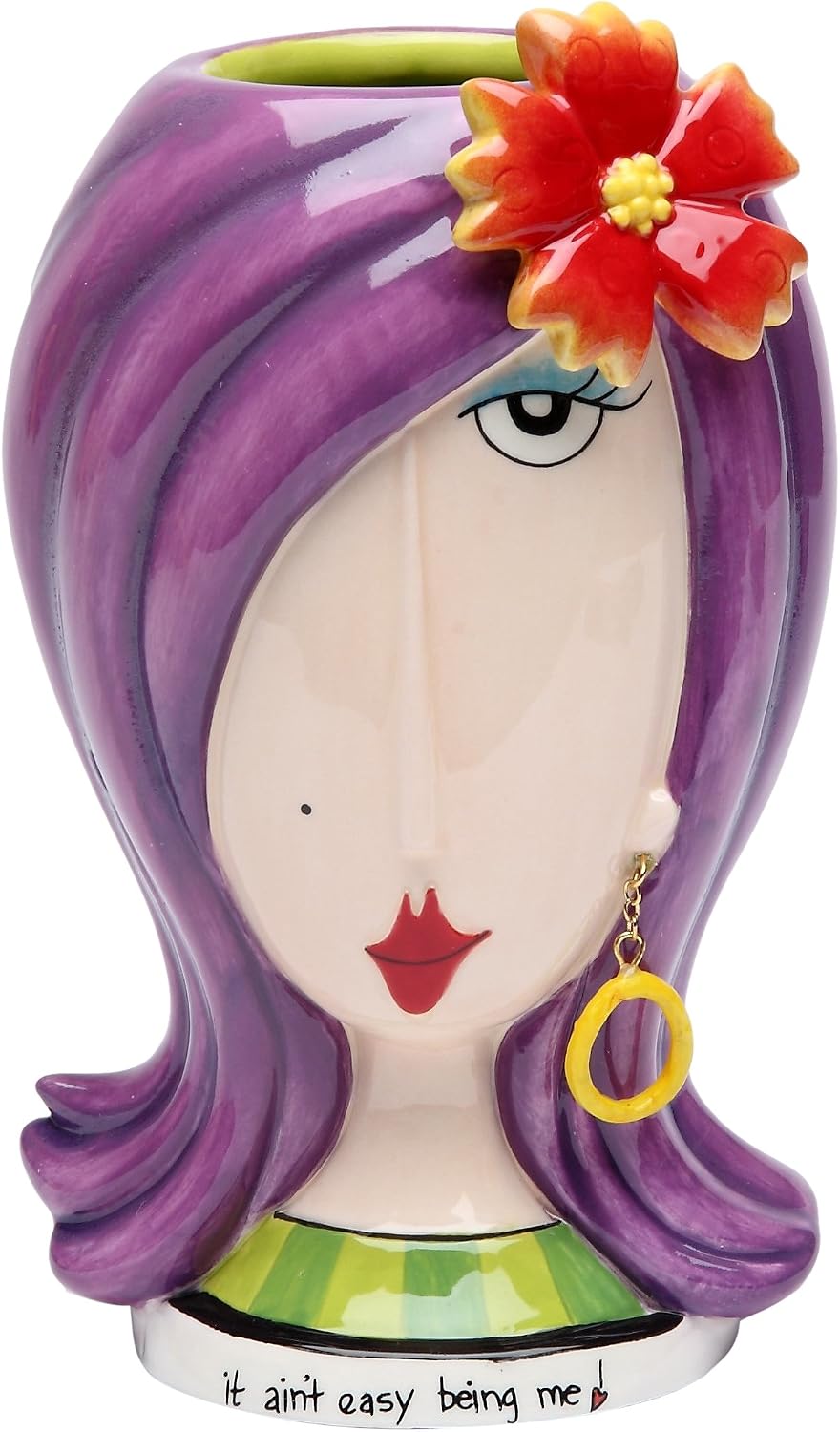 StealStreet Fine Ceramic It Isn't Easy Being Me Lady with Flower Makeup Holder Vase 5.87" H Purple