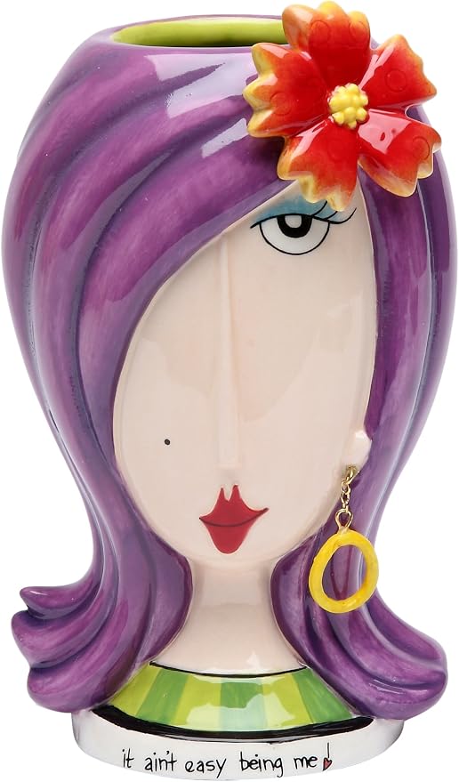 StealStreet Fine Ceramic It Isn't Easy Being Me Lady with Flower Makeup Holder Vase 5.87" H Purple