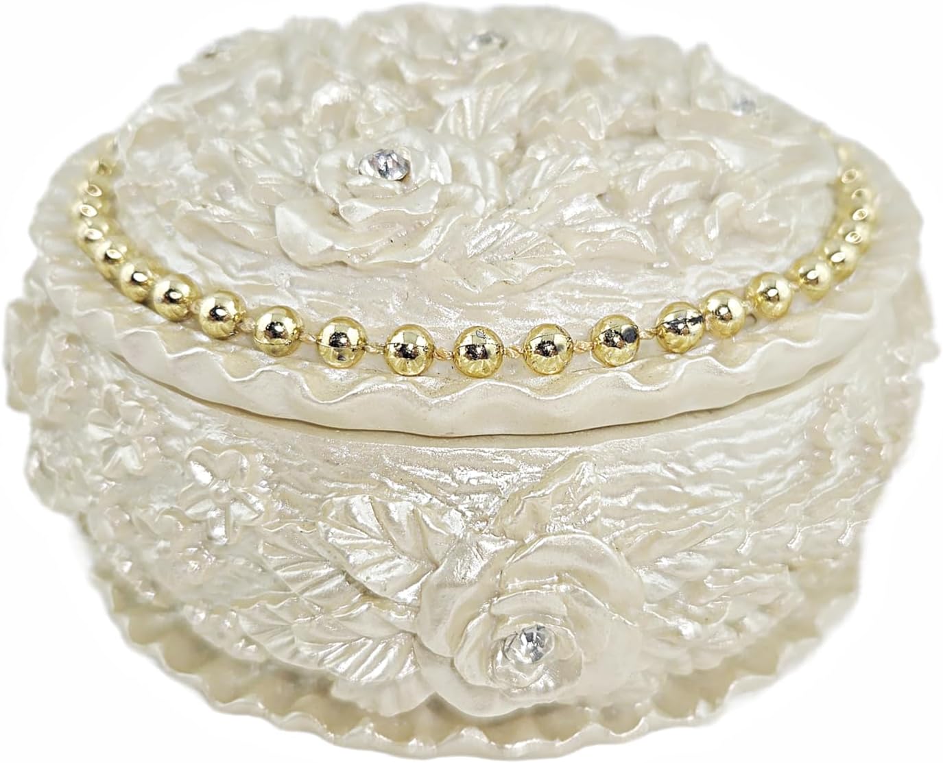 Party Favors Plus Polyresin Trinket Box Ivory Pearl Rose Design Rhinestone Accents Round 3.5x1.75 Inch