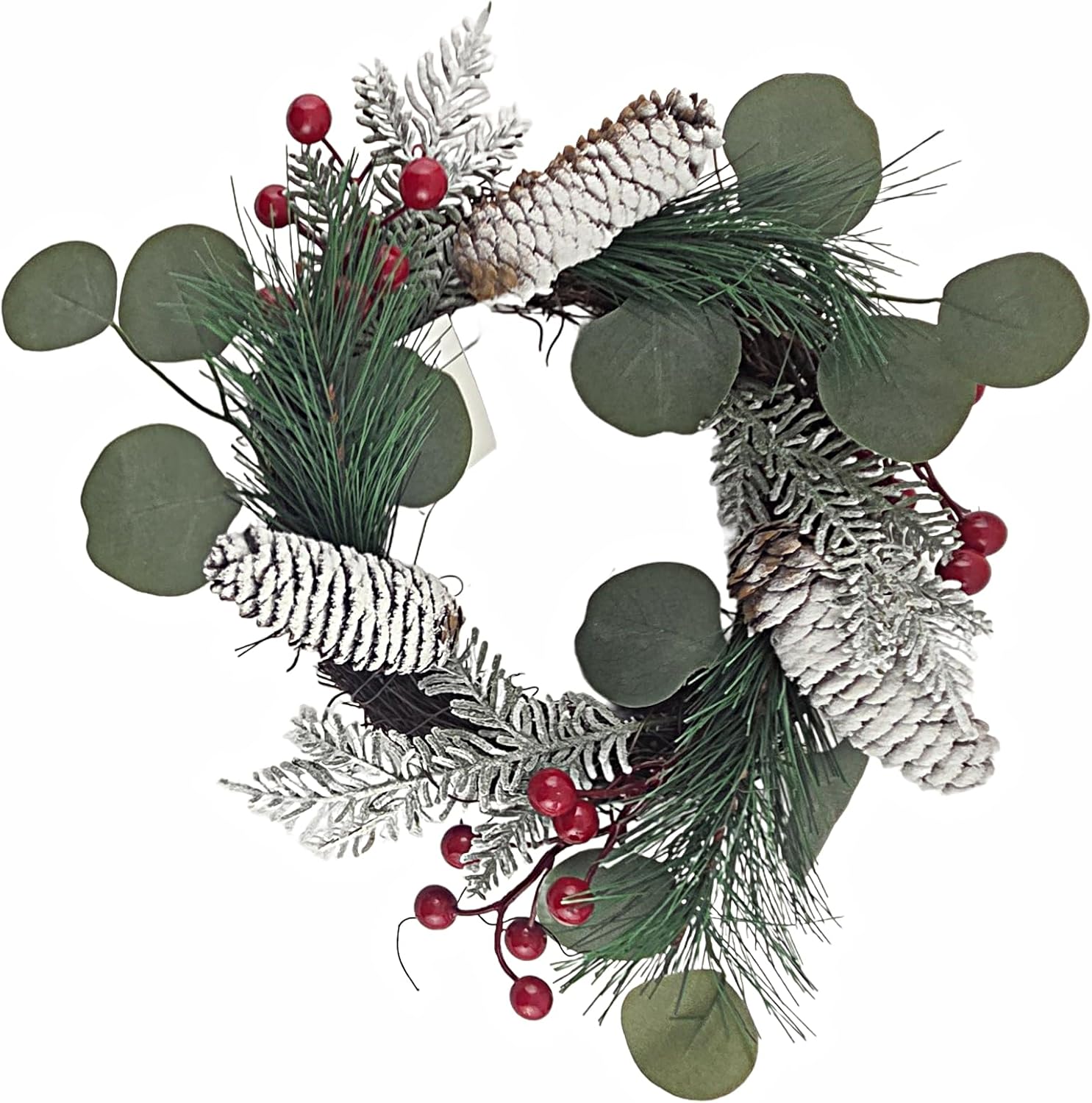 Christmas Red Berry Frosted Pinecone Wreath on Twig Base, 12 in