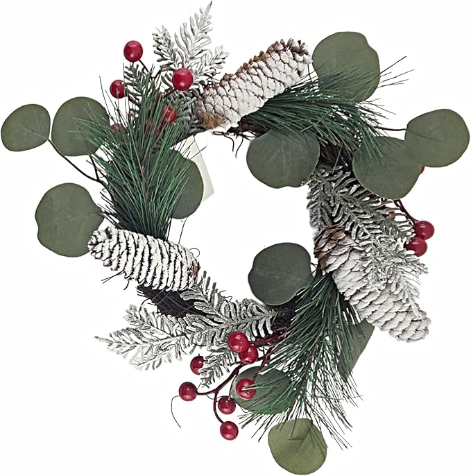 Christmas Red Berry Frosted Pinecone Wreath on Twig Base, 12 in
