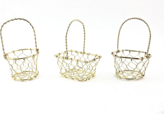 Party Favors Plus Gold Tone Miniature Wire Basket Hexagon Round Rectangular 3.25 Inch 3 Piece Set