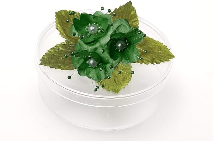 PFP Clear Round Plastic Cookie Nut Candy Box with Pearl Satin Organza Flower 4.5 In Hunter Green