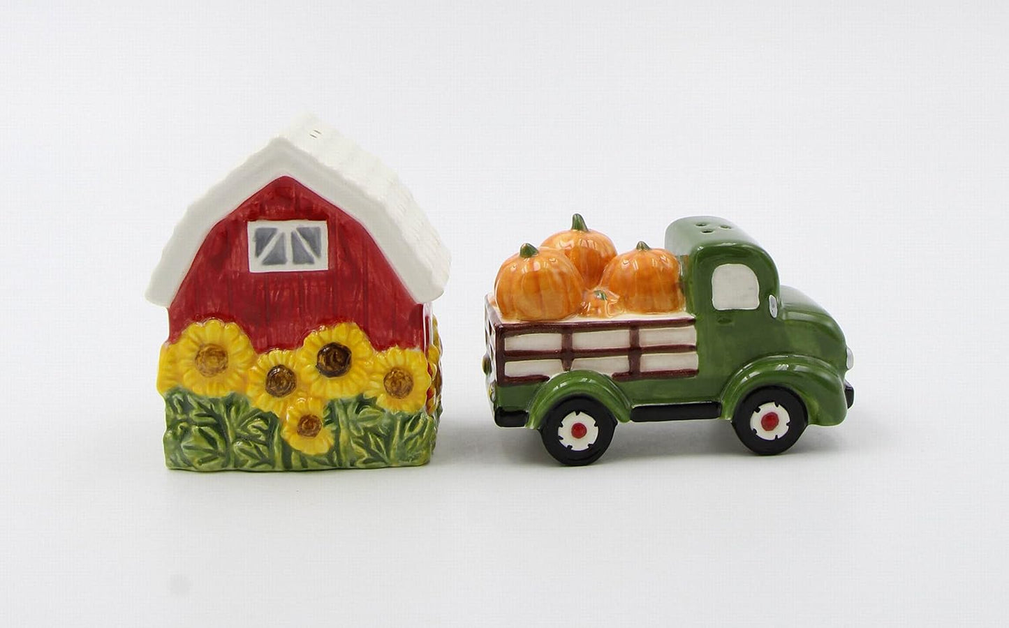 Cosmos Gifts Fine Ceramic Sunflower Barn and Pumpkin Truck Salt and Pepper Shakers Set 3-1/8-Inch Multicolor