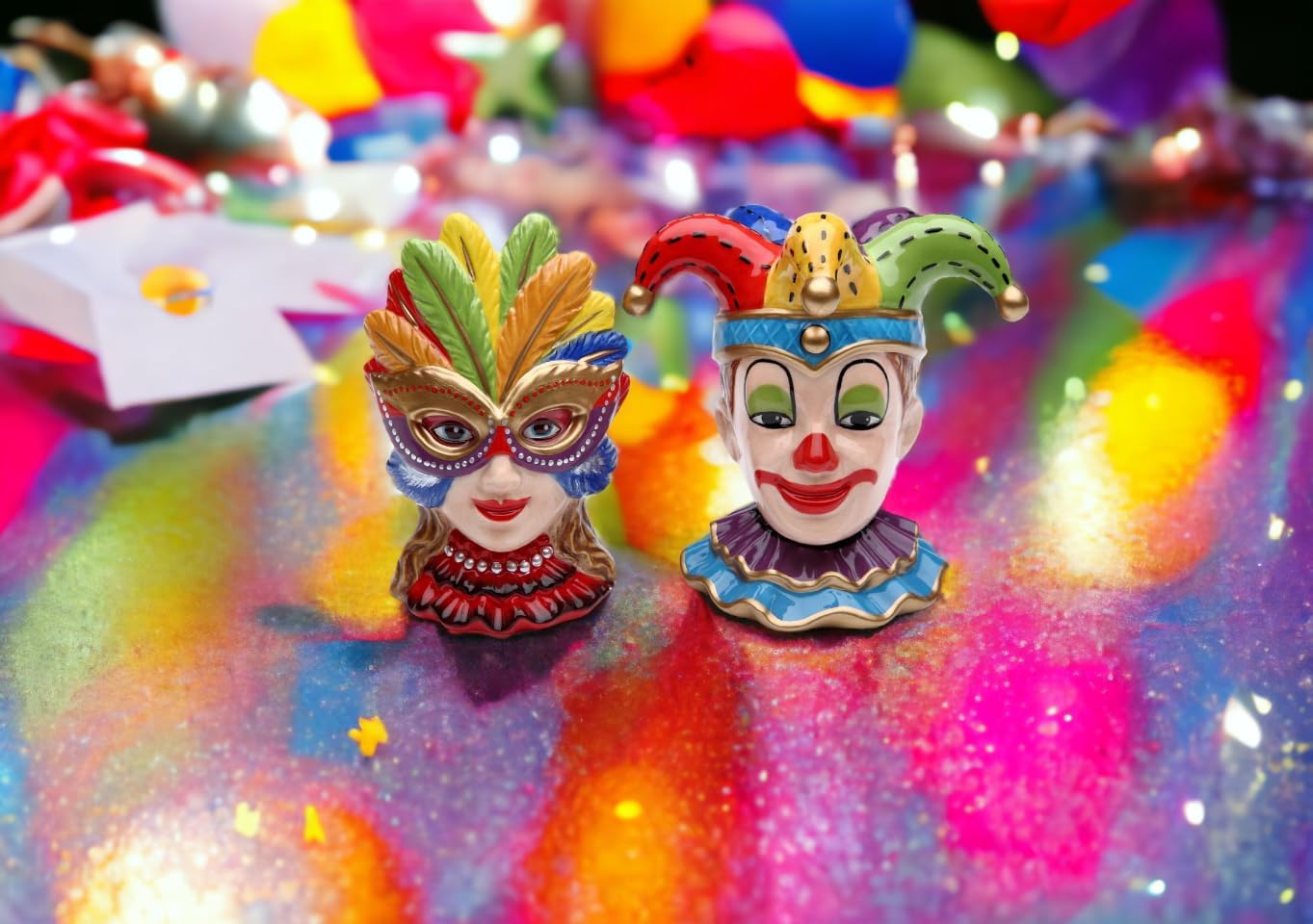 Cosmos Gifts Fine Ceramic Hand Painted Mardi Gras Joker Clown and Girl Wearing Mask Salt and Pepper Shakers Set 4" H Multicolor