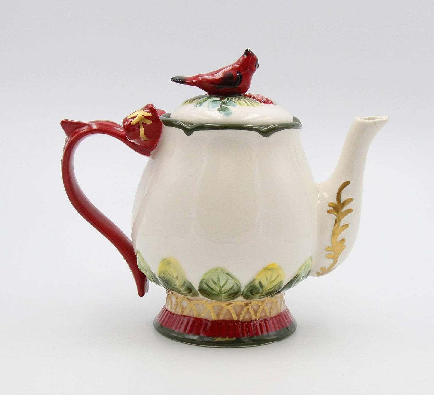 Cosmos Gifts Fine Ceramic Evergreen Holiday Red Cardinal with Pine Cones Teapot 8-1/8" L