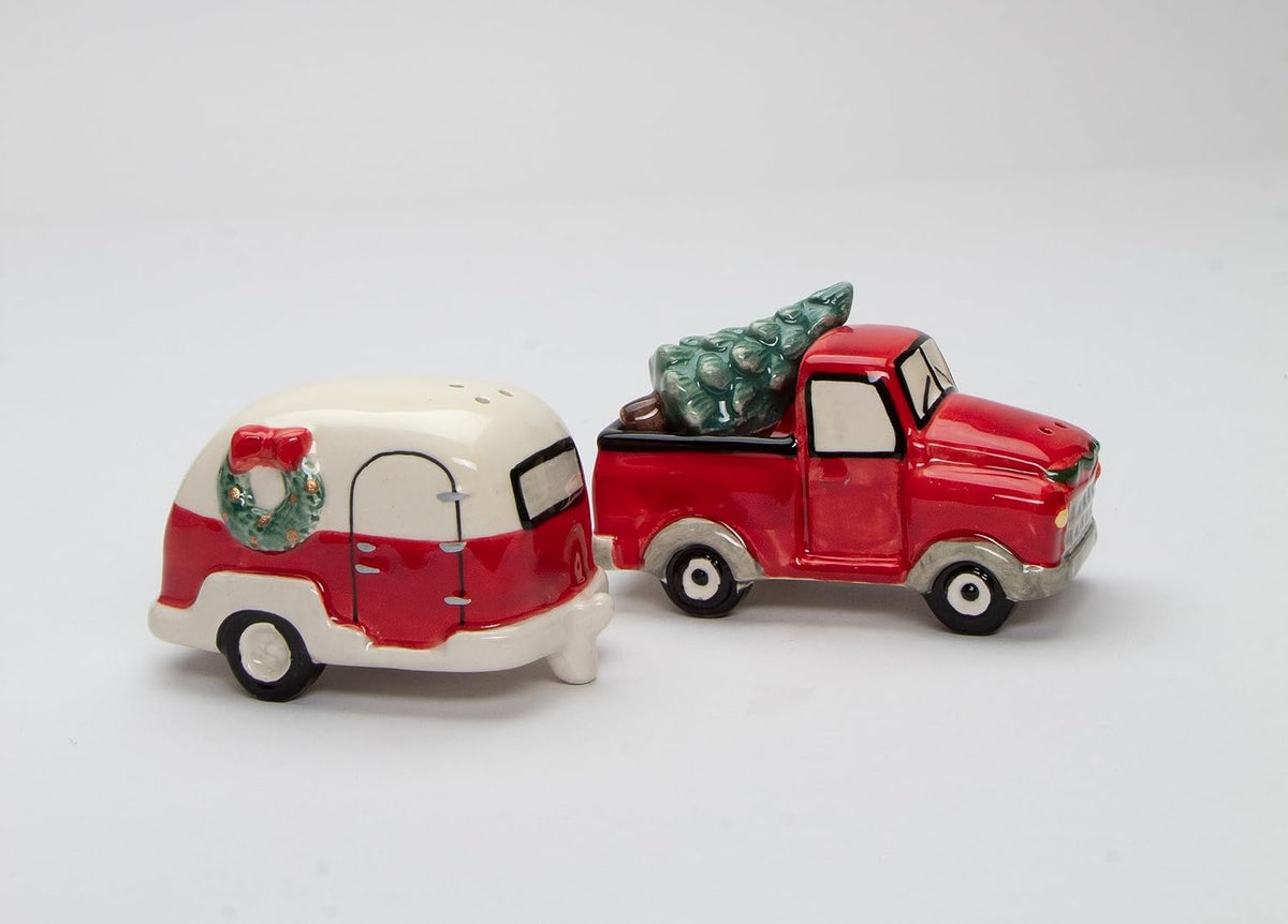 Cosmos Gifts Fine Ceramic Christmas Vintage Truck with Camper Salt and Pepper Shakers Set of 3 3-3/4" L