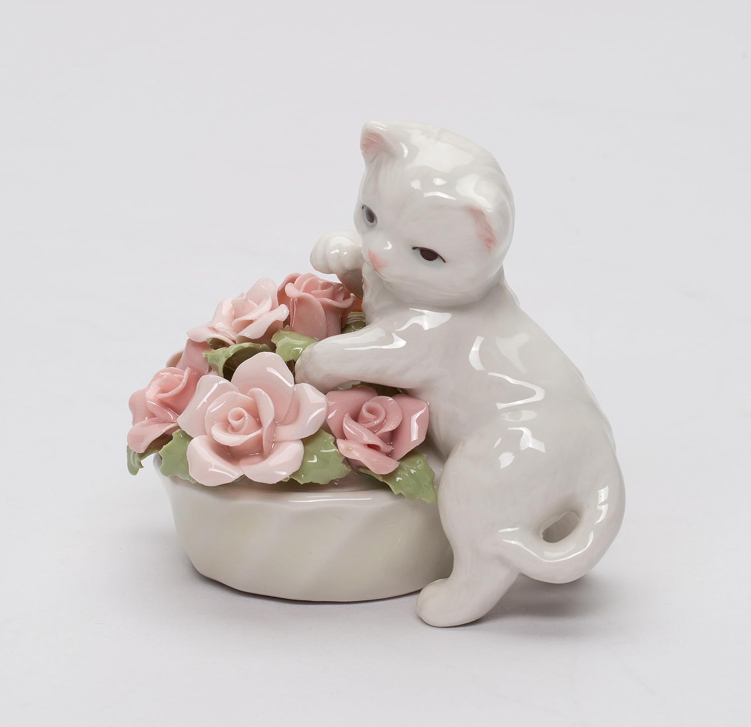 Cosmos Gifts Fine Porcelain Cat Kitten with Pink Rose Flowers Pot Mini Figurine 3" H 96475