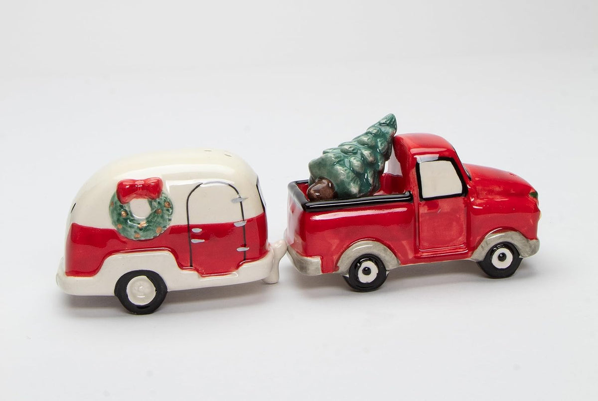 Cosmos Gifts Fine Ceramic Christmas Vintage Truck with Camper Salt and Pepper Shakers Set of 3 3-3/4" L
