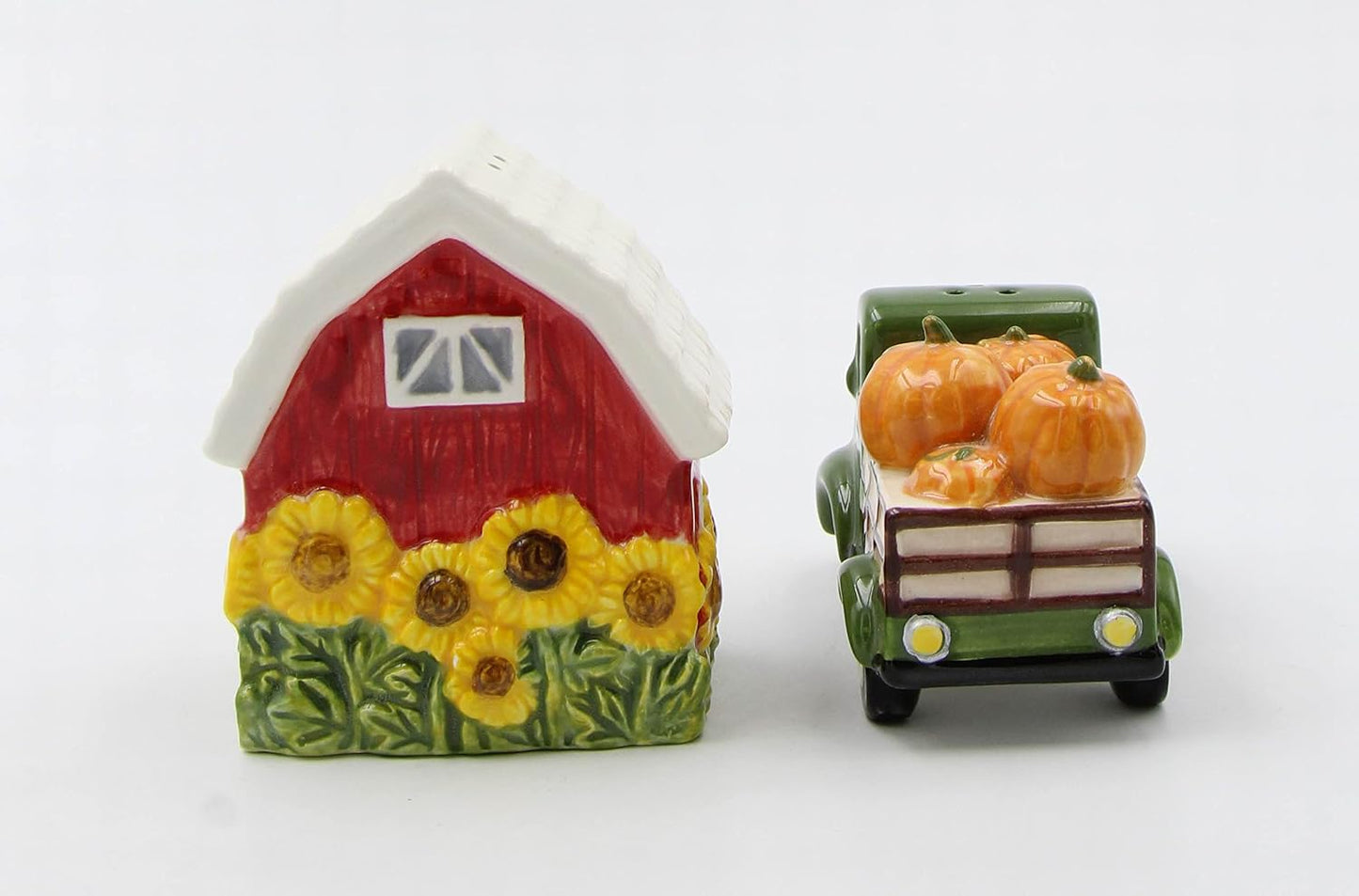 Cosmos Gifts Fine Ceramic Sunflower Barn and Pumpkin Truck Salt and Pepper Shakers Set 3-1/8-Inch Multicolor