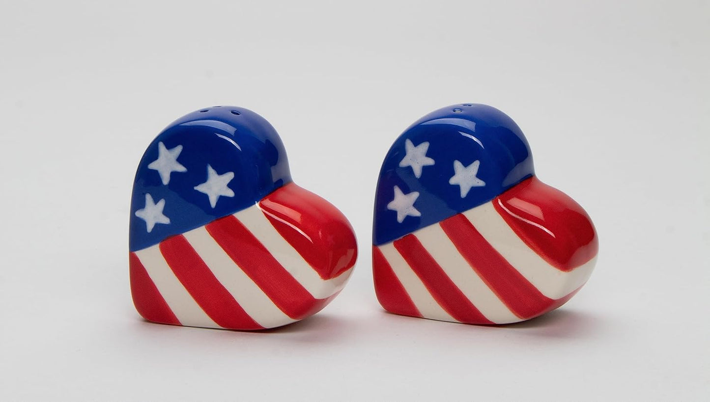 Cosmos Gifts Fine Ceramic Patriotic Hearts Salt & Pepper Shakers Set 2-1/2" H