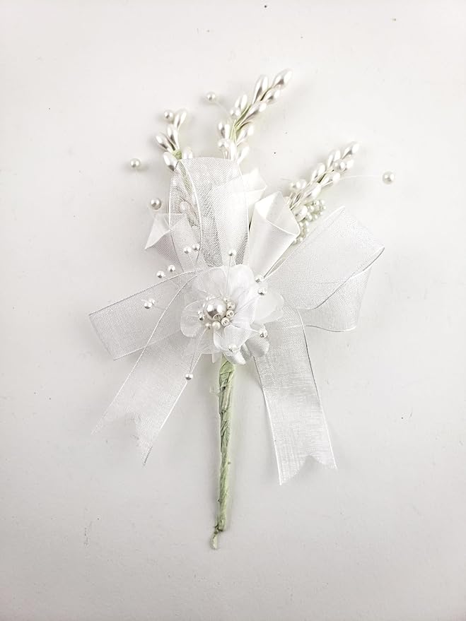 Party Favors Plus White Silk Lily Boutonniere with Pearl Accents 6 Inch