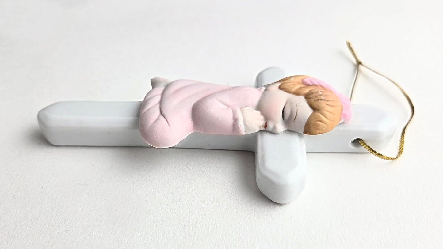 Party Favors Plus Pink White Ceramic Praying Angel Cross Ornament 4 Inch Set of 2