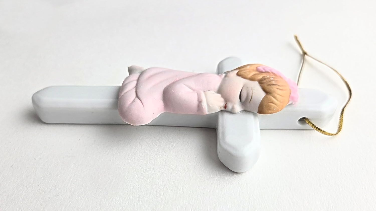Party Favors Plus Pink White Ceramic Praying Angel Cross Ornament 4 Inch Set of 2