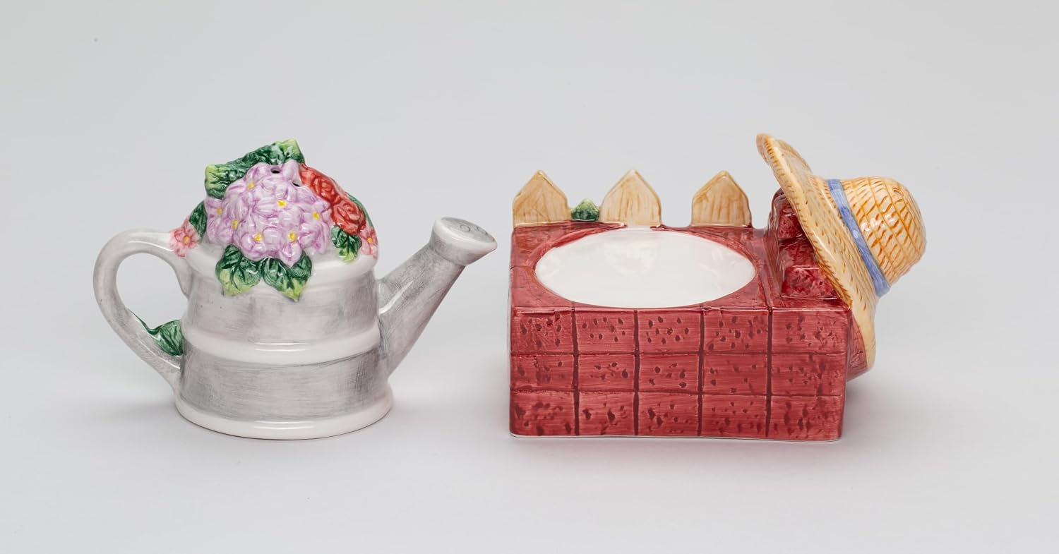 Cosmos Gifts Fine Ceramic Garden Watering Can & Straw Hat Designs Salt & Pepper Shakers Set 3-1/2" H