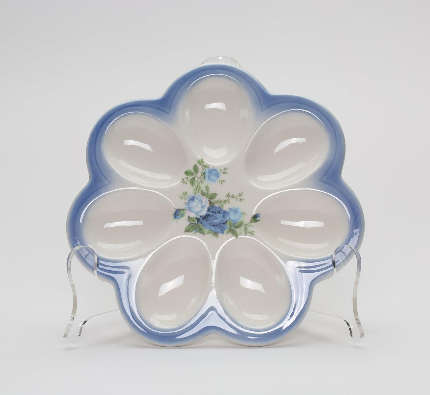 Cosmos Gifts Fine Porcelain Easter Blue Roses Round Deviled Egg Plate 6-7/8" D
