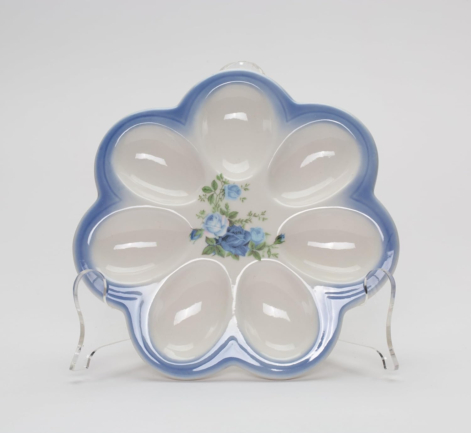 Cosmos Gifts Fine Porcelain Easter Blue Roses Round Deviled Egg Plate 6-7/8" D