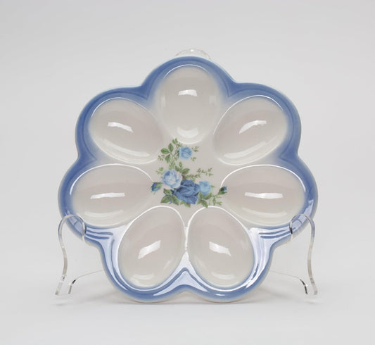 Cosmos Gifts Fine Porcelain Easter Blue Roses Round Deviled Egg Plate 6-7/8" D
