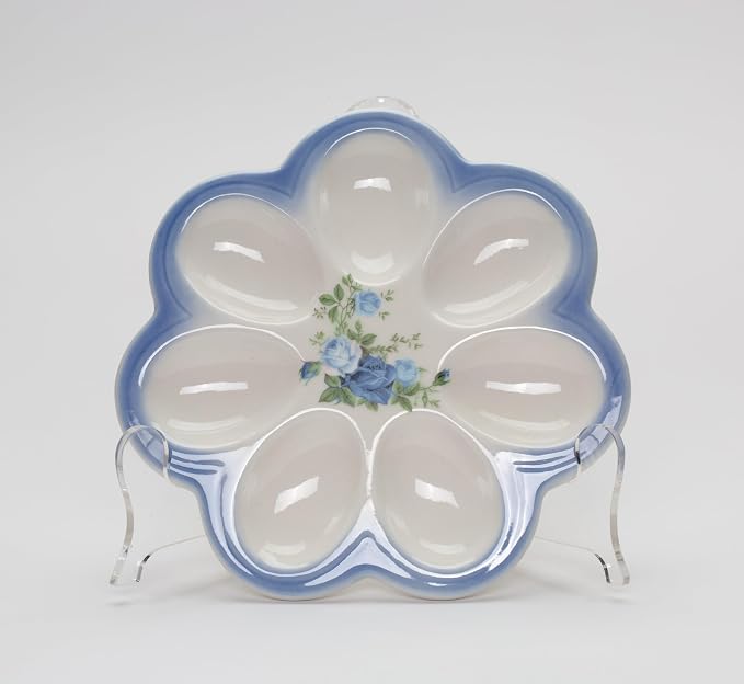 Cosmos Gifts Fine Porcelain Easter Blue Roses Round Deviled Egg Plate 6-7/8" D