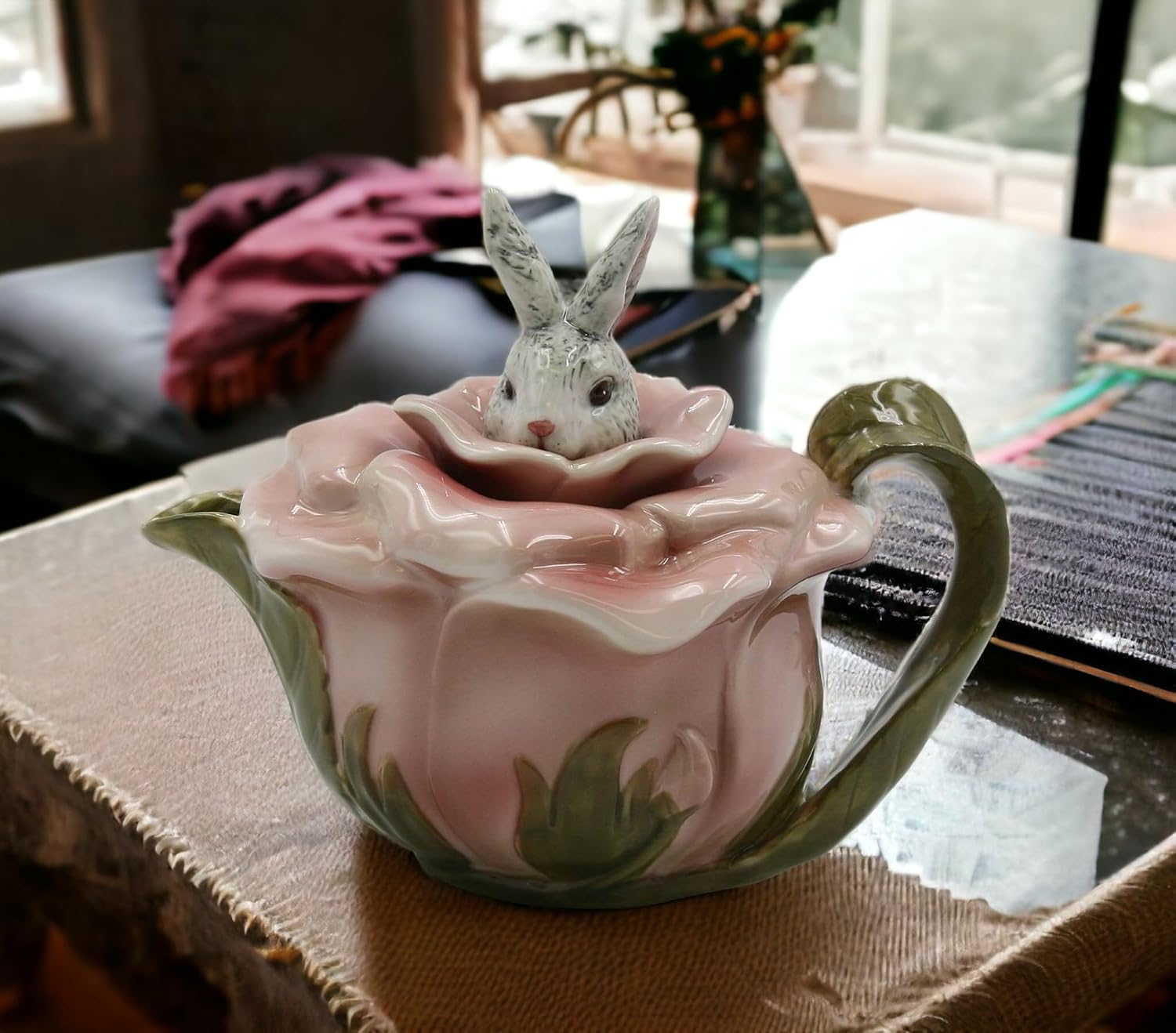 Cosmos Gifts Fine Porcelain Victorian Rose Bunny Rabbit Teapot 6-7/8" L