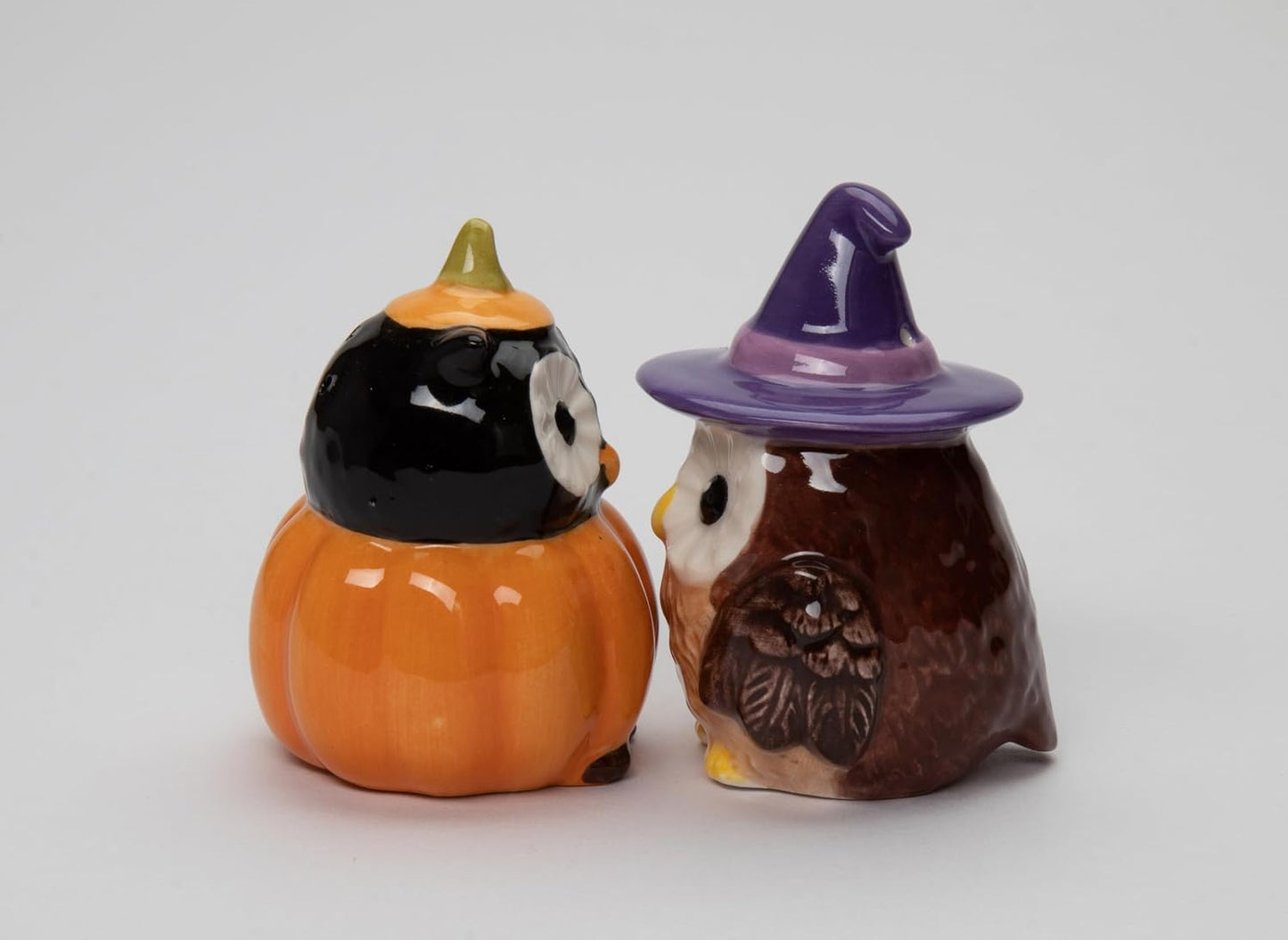Cosmos Gifts Ceramic Halloween Pumpkin and Witch Owls Salt and Pepper Shakers 3 In Orange