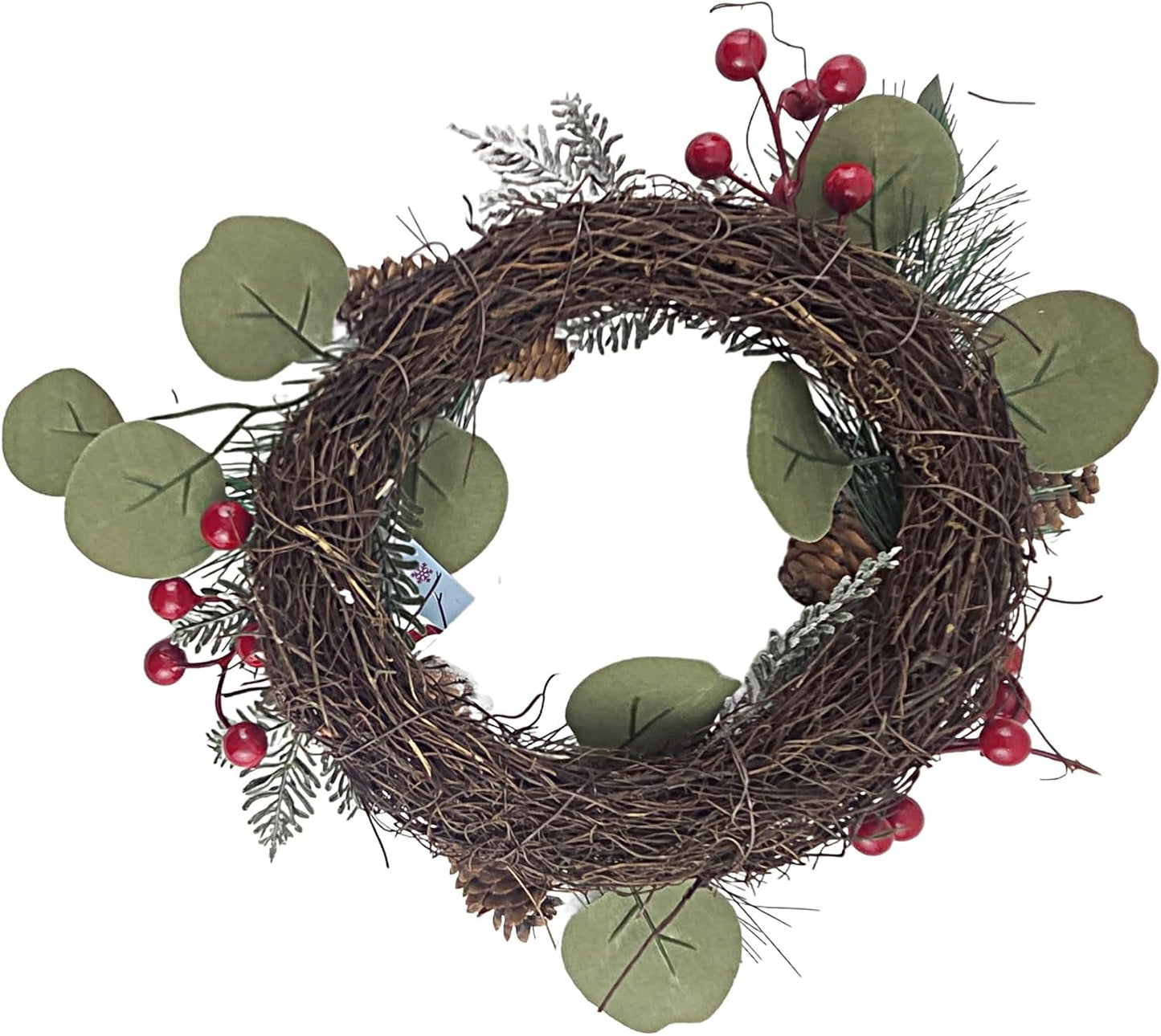 Christmas Red Berry Frosted Pinecone Wreath on Twig Base, 12 in
