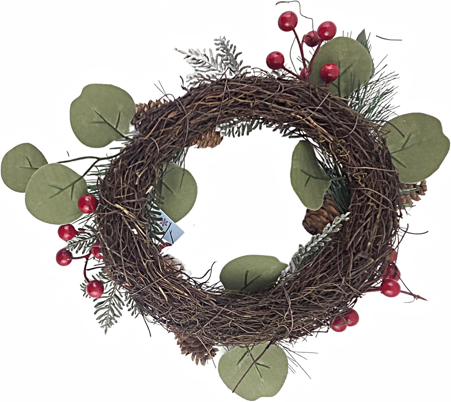 Christmas Red Berry Frosted Pinecone Wreath on Twig Base, 12 in