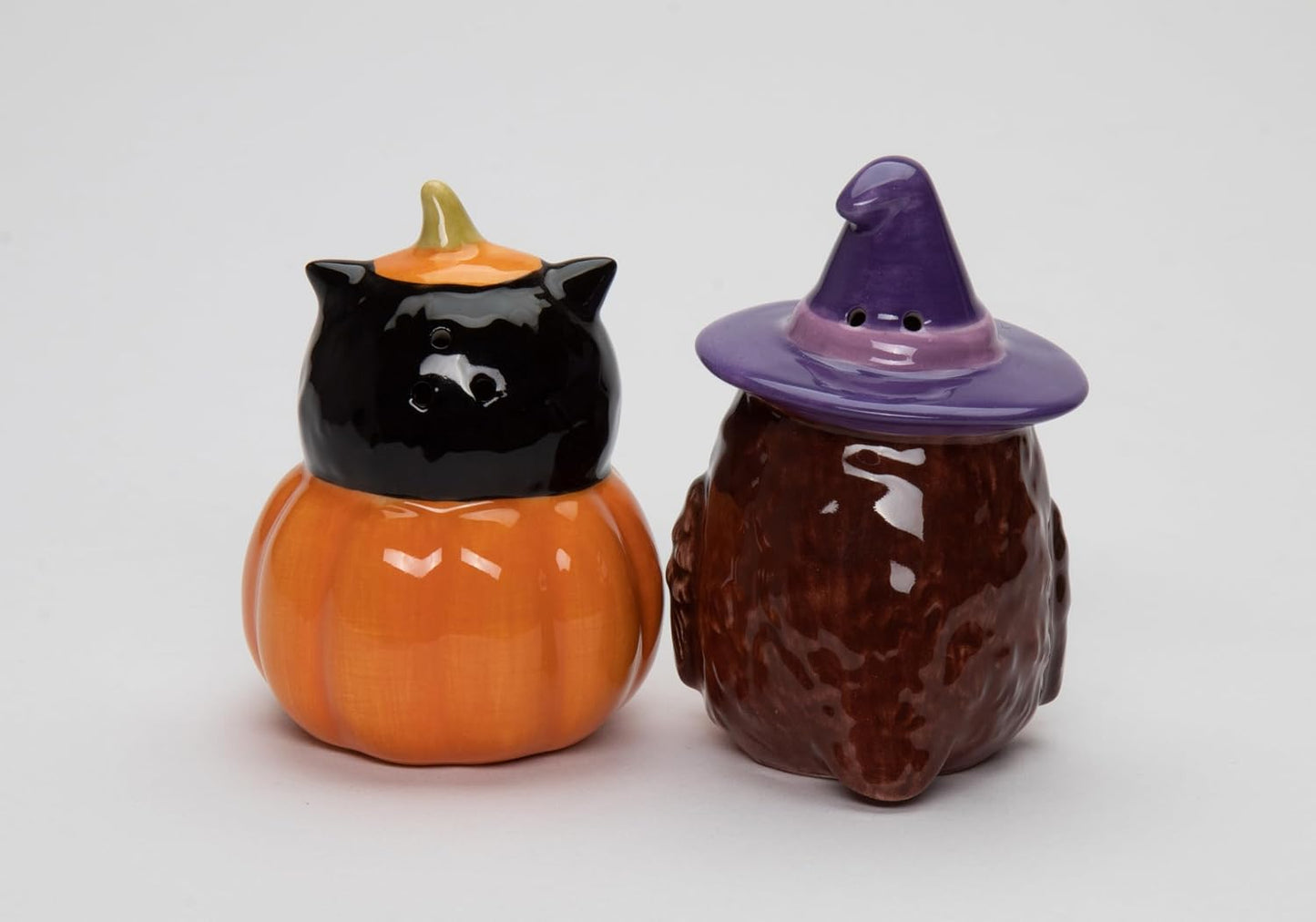 Cosmos Gifts Ceramic Halloween Pumpkin and Witch Owls Salt and Pepper Shakers 3 In Orange