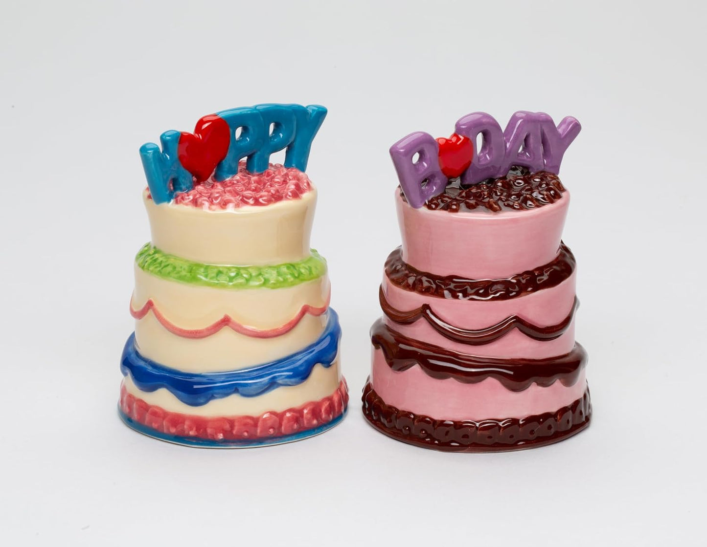 Cosmos Gifts Fine Ceramic Happy Birthday Cakes Salt and Pepper Shakers Set 3-1/4" H Pink Blue Purple