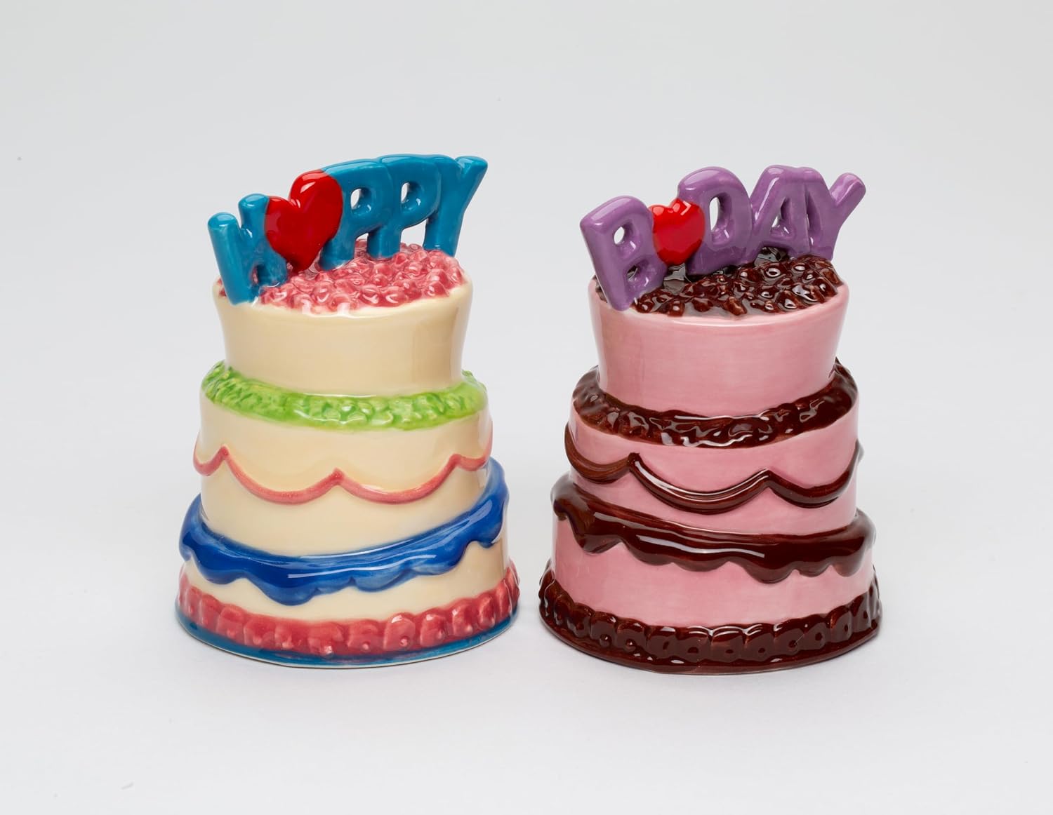 Cosmos Gifts Fine Ceramic Happy Birthday Cakes Salt and Pepper Shakers Set 3-1/4" H Pink Blue Purple