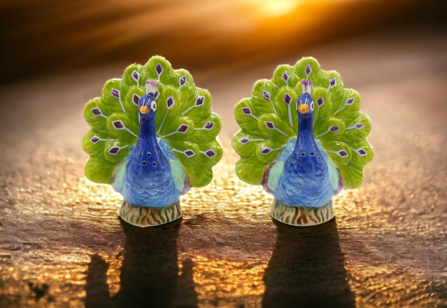 Cosmos Gifts Fine Porcelain Peacock Open Fan Tail Salt & Pepper Shakers Set 3-3/8" H