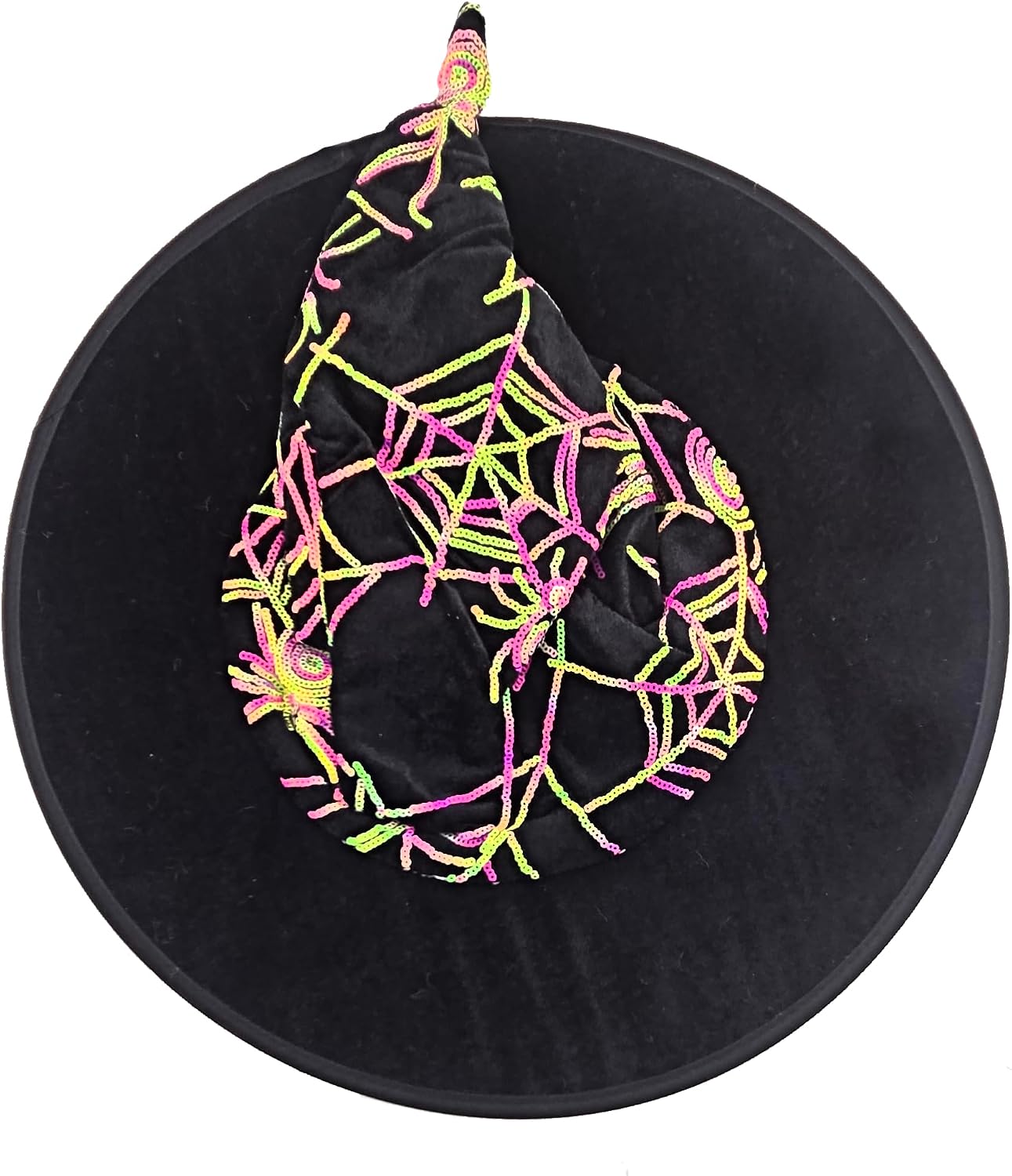 Black Velvet Witch Hat with Neon Sequin Spider Web Design