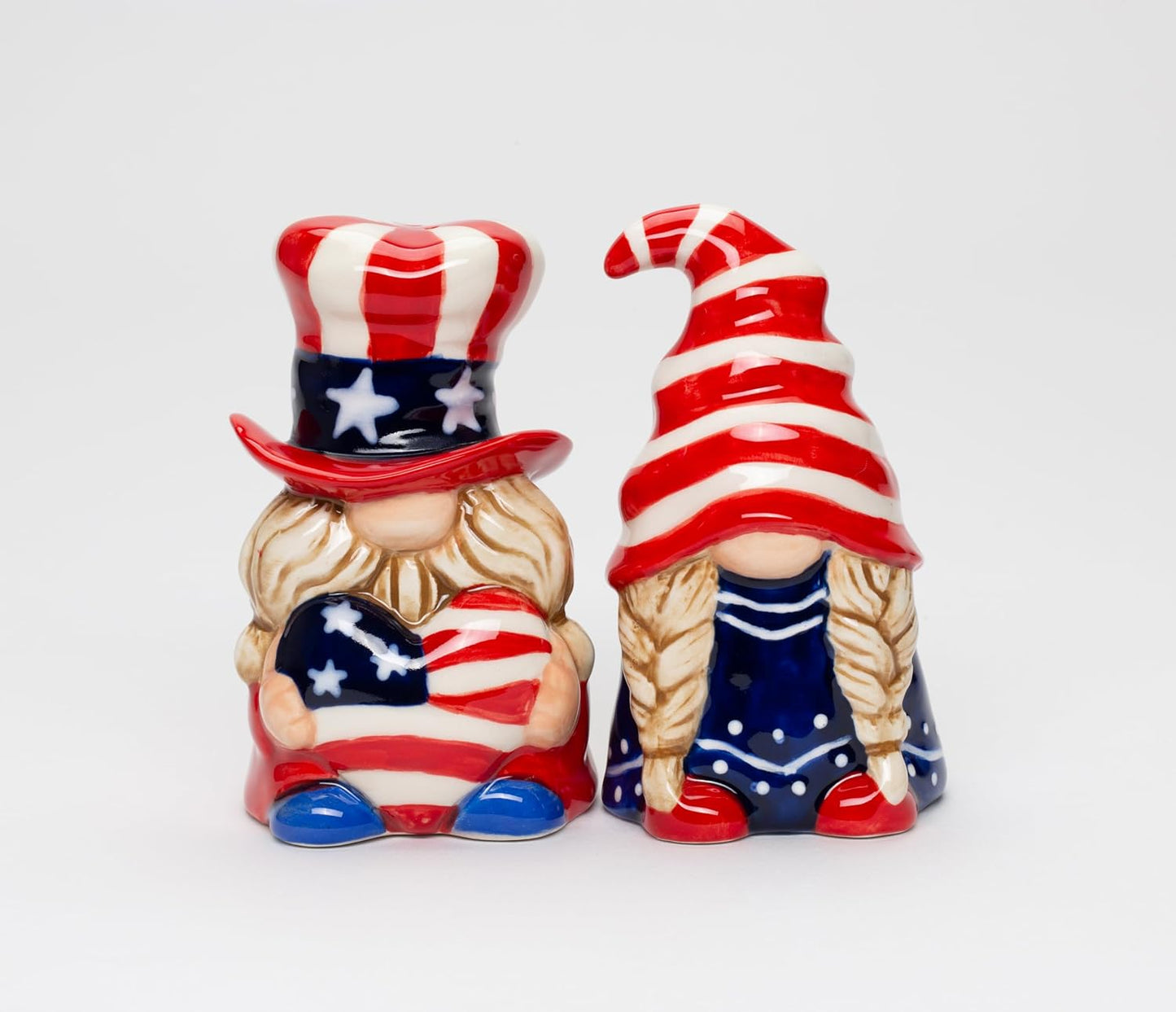 Cosmos Gifts Fine Ceramic Fourth of July Independence Day Gnome Patriotic Couple Salt and Pepper Shakers Set 3-5/8" H Red White Blue