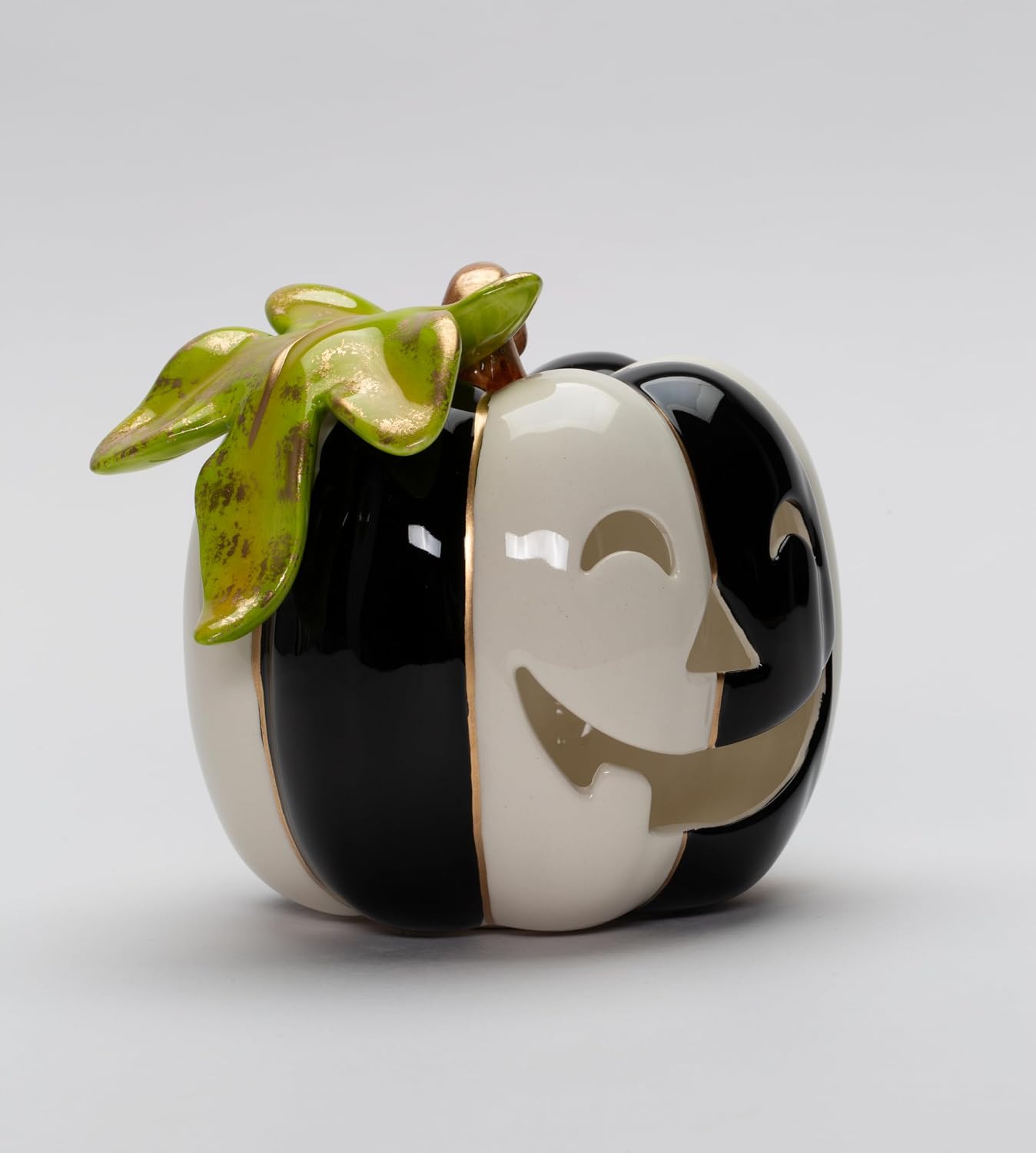 Cosmos Gifts Fine Ceramic White and Black Pumpkin Shaped Tealight Holder 4-1/4" H