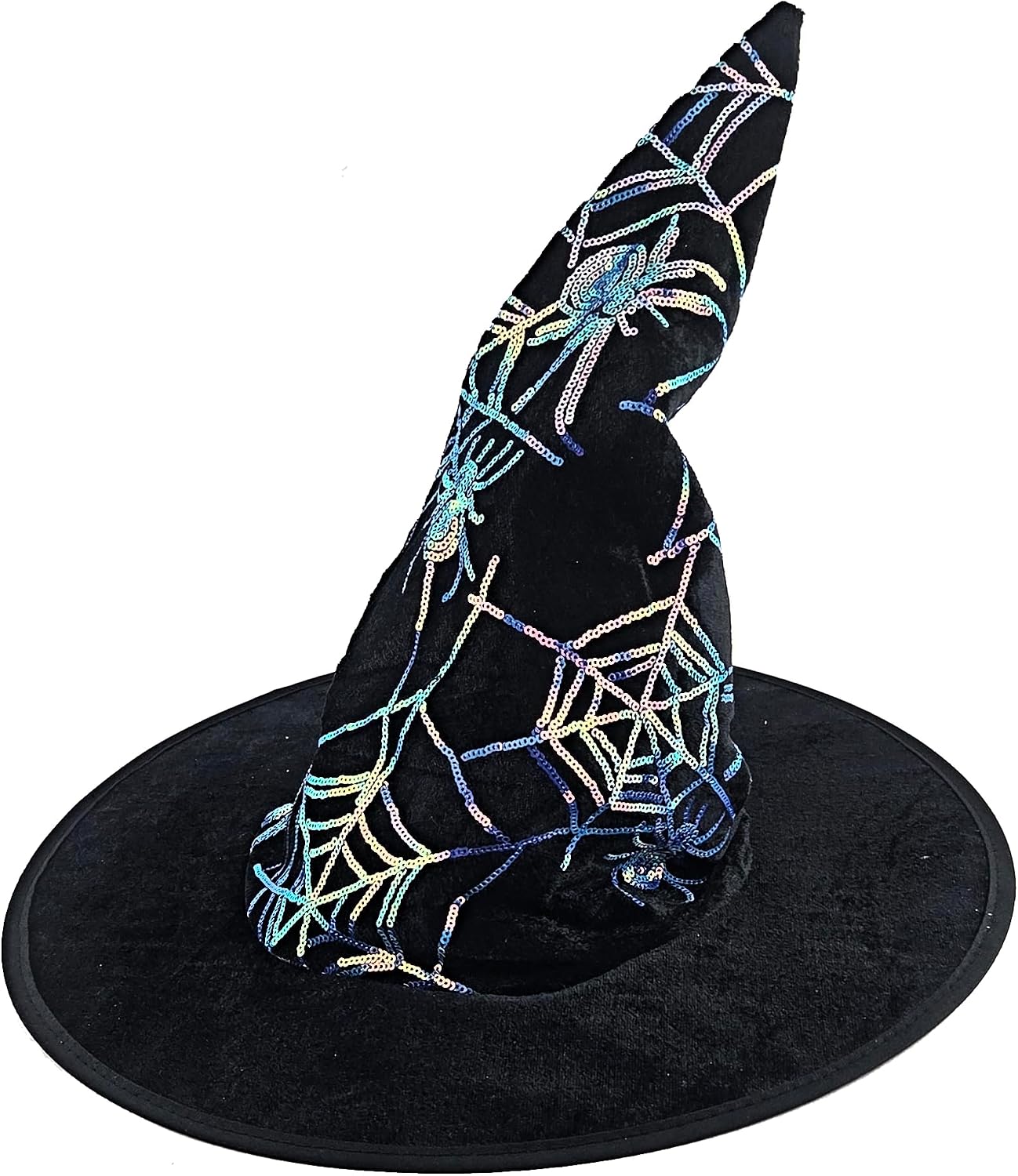 Black Velvet Witch Hat with Blue Iridescent Sequin Spider Webs