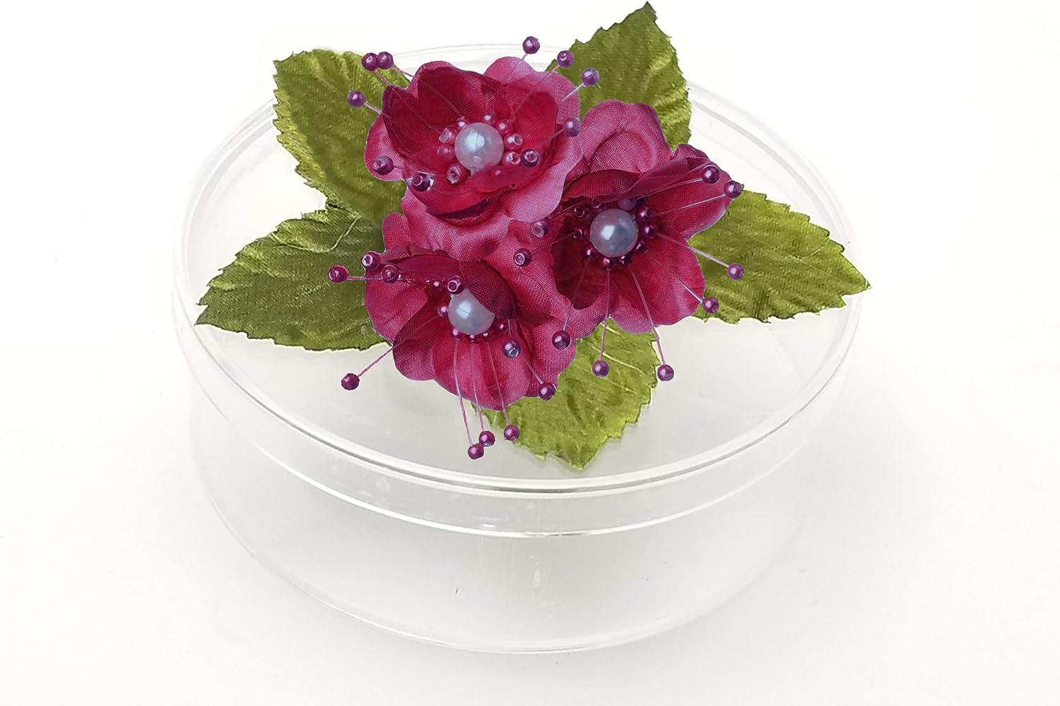 PFP Clear Round Plastic Cookie Nut Candy Box with Pearl Satin Organza Flower 4.5" L Burgundy