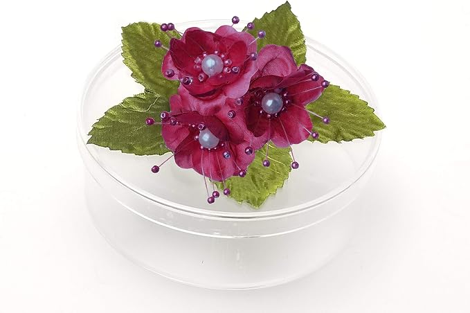 PFP Clear Round Plastic Cookie Nut Candy Box with Pearl Satin Organza Flower 4.5" L Burgundy