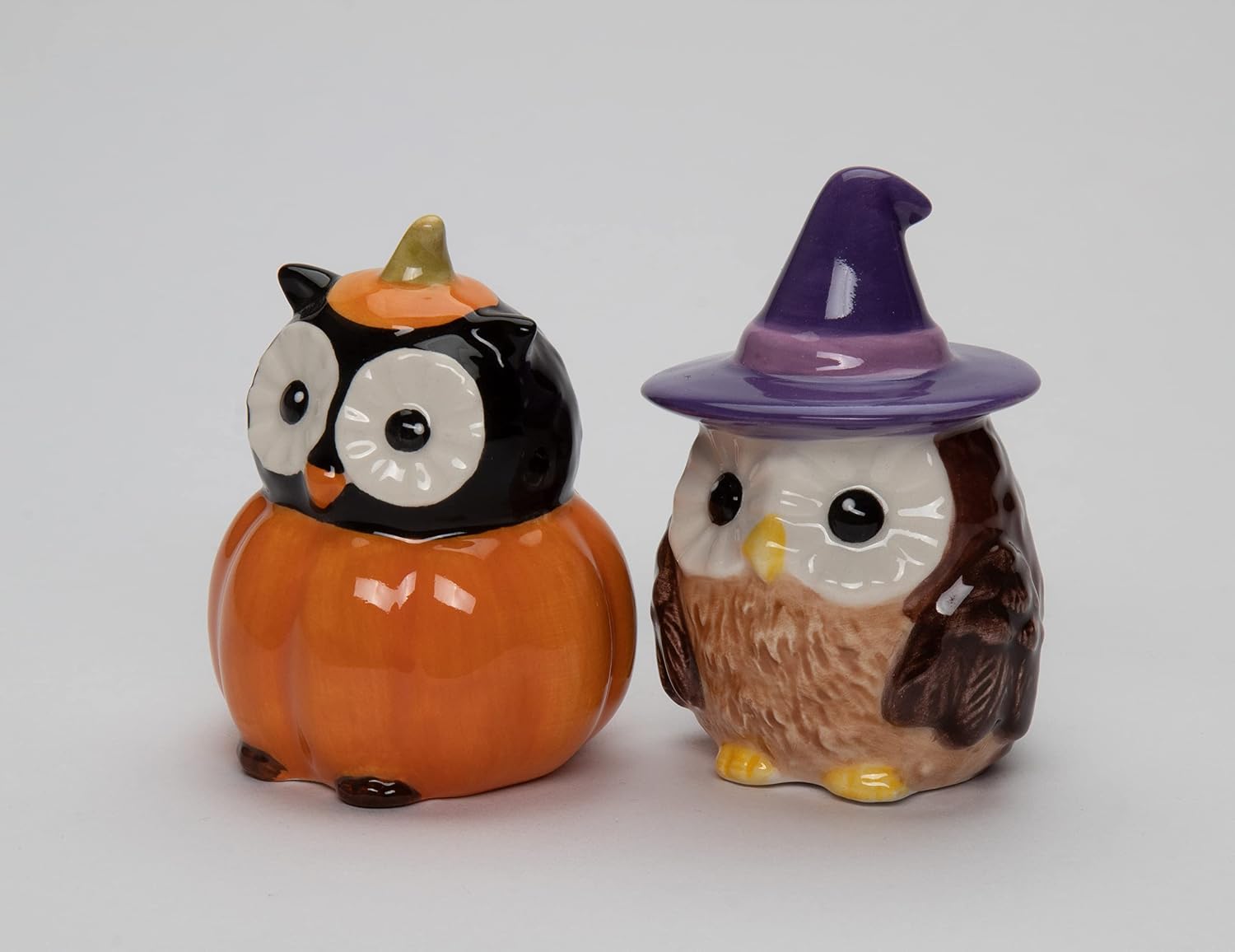Cosmos Gifts Ceramic Halloween Pumpkin and Witch Owls Salt and Pepper Shakers 3 In Orange