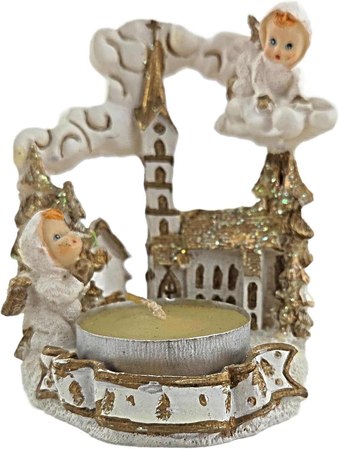 Party Favors Plus Angel and Church Figurine Tea Light Candle Holder White Gold Polyresin 3 Inch Set of 2