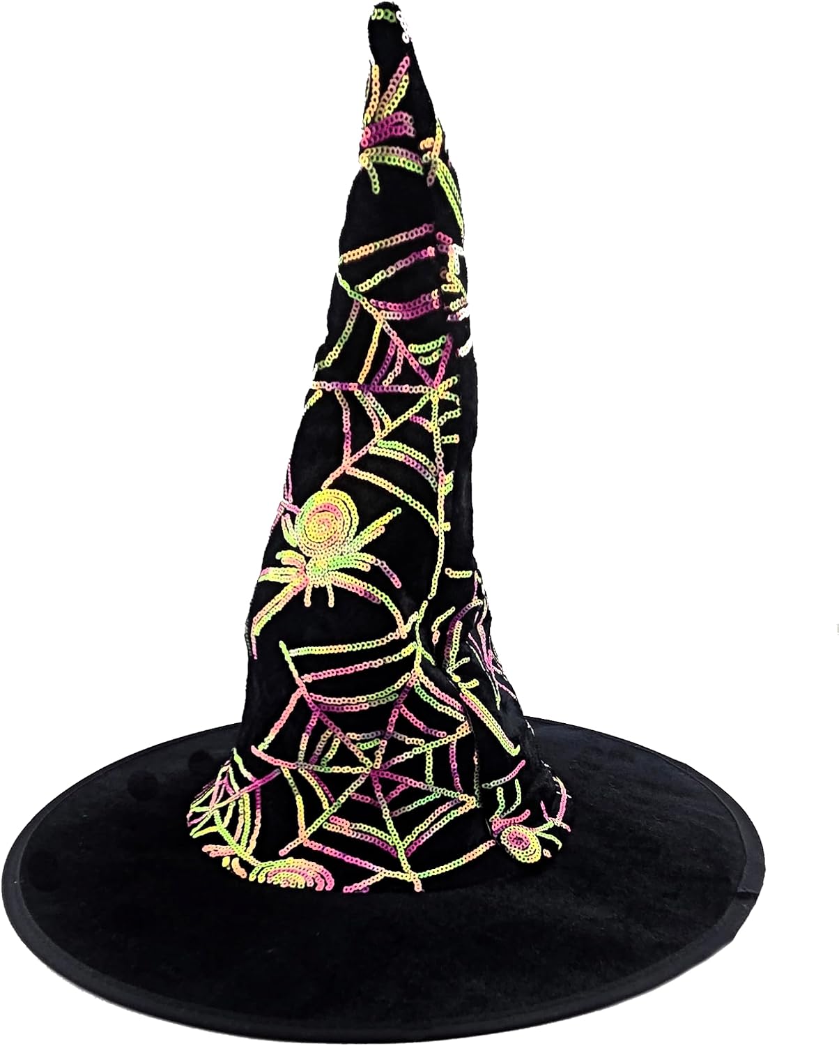 Black Velvet Witch Hat with Neon Sequin Spider Web Design