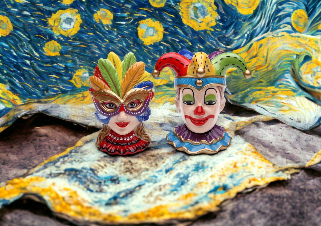 Cosmos Gifts Fine Ceramic Hand Painted Mardi Gras Joker Clown and Girl Wearing Mask Salt and Pepper Shakers Set 4" H Multicolor