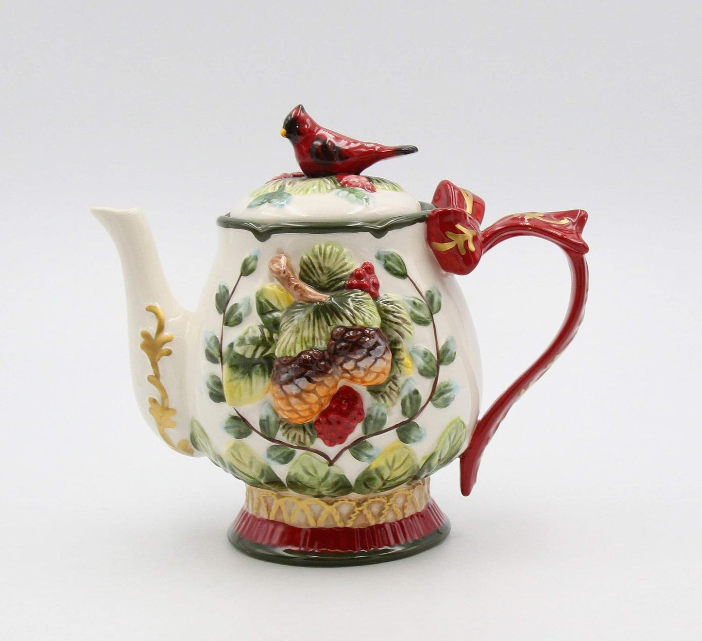 Cosmos Gifts Fine Ceramic Evergreen Holiday Red Cardinal with Pine Cones Teapot 8-1/8" L