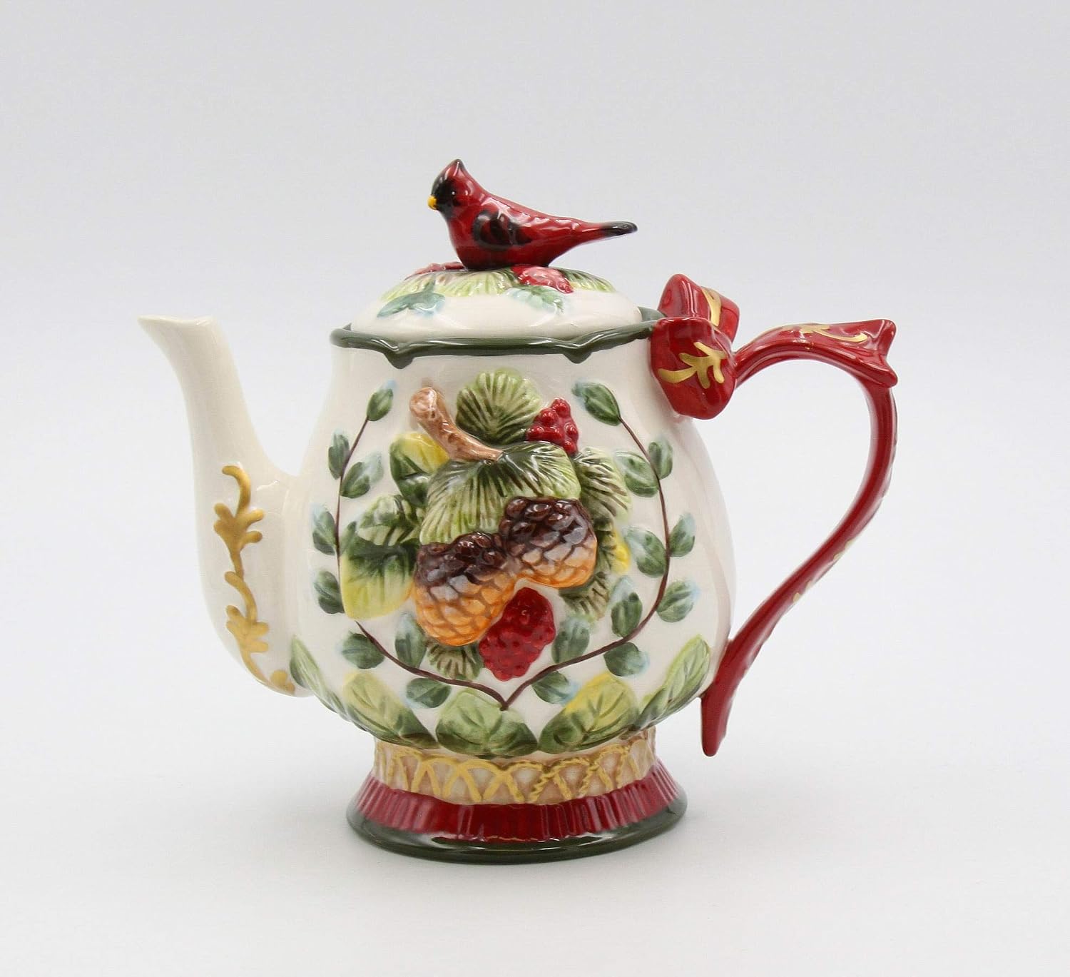 Cosmos Gifts Fine Ceramic Evergreen Holiday Red Cardinal with Pine Cones Teapot 8-1/8" L