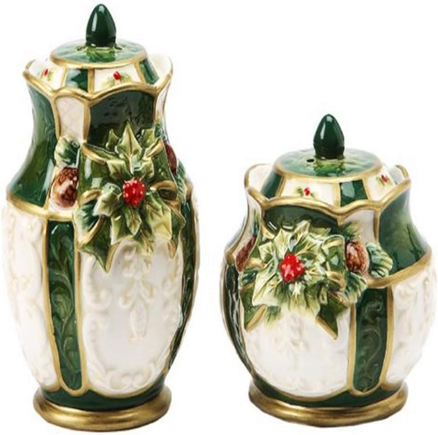 Cosmos Gifts Fine Earthenware Emerald Holiday Holly Salt and Pepper Shakers Set 3-3/4" H