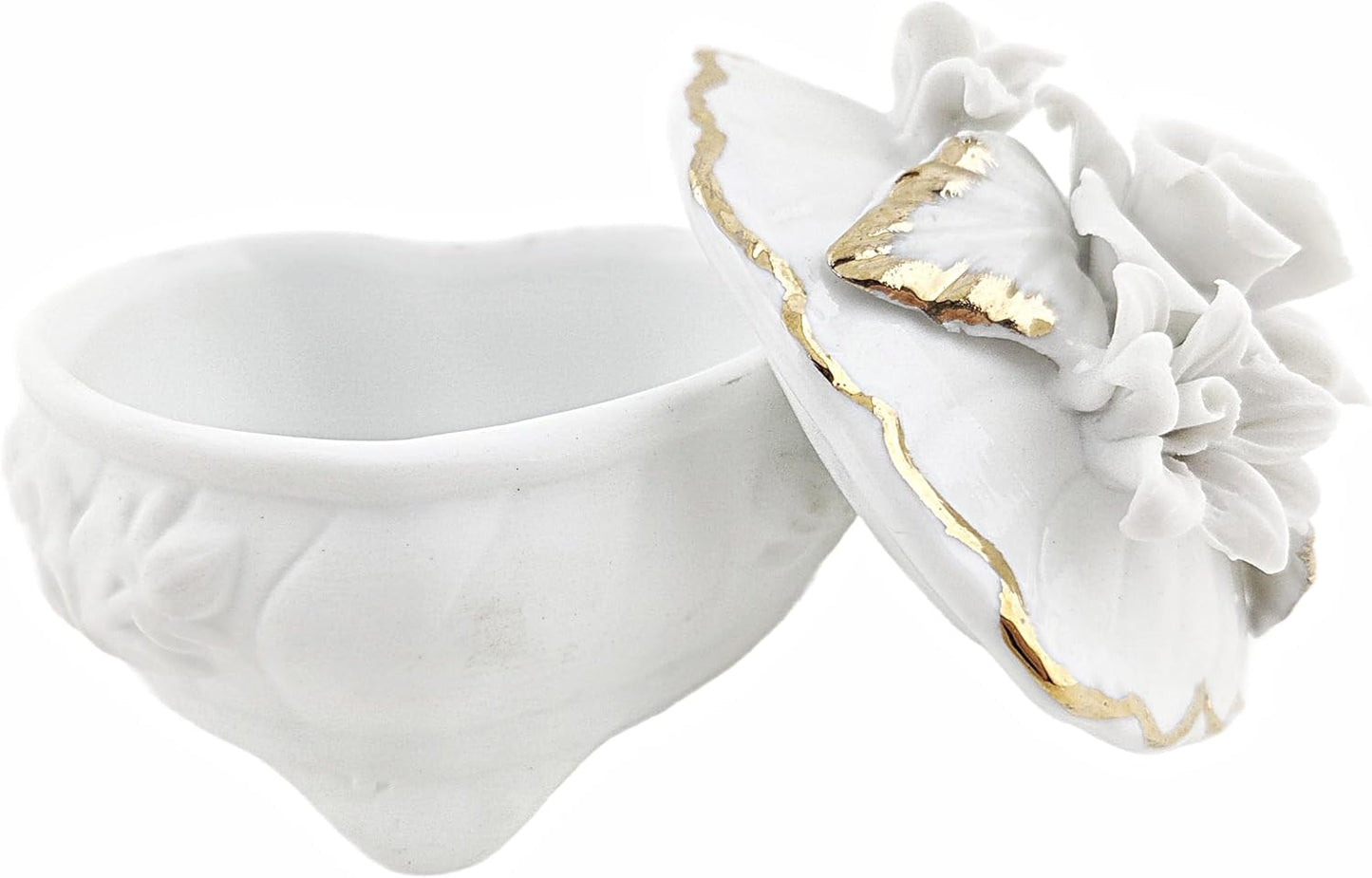 Party Favors Plus Heart-Shaped Porcelain Trinket Box White Gold Floral 3.5 Inch