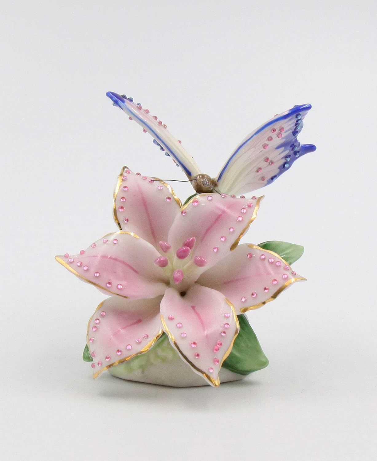 Cosmos Gifts Fine Porcelain Faux Jewel Butterfly with Pink Stargazer Lily Flower Figurine 3-1/4" H