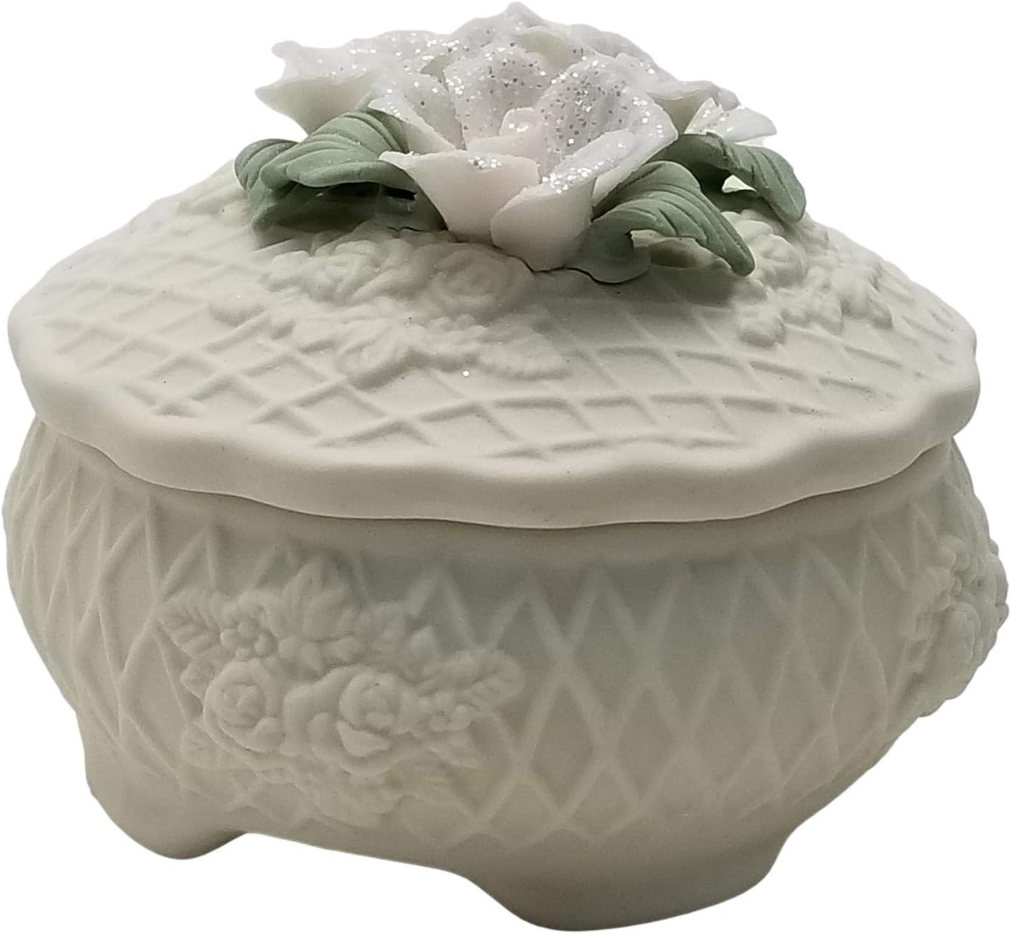 Party Favors Plus Ceramic Trinket Candy Box Ivory Round 3.5x3 Inch